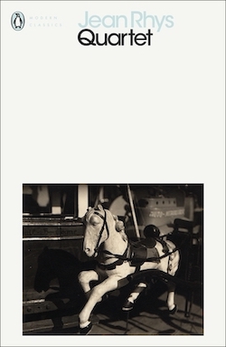 Jacket image for Quartet by Jean Rhys: black & white photograph of a carousel horse on white background with sans serif typography