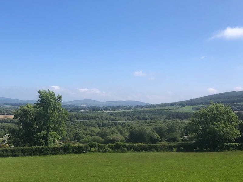 Green fields and trees with mountains in the background under an almost cloudless blue sky